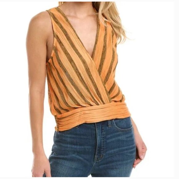 Ramy Brook Zinnia Orange & Bronze Striped Candice Top w/ Banded Hem - Size M - Picture 1 of 10